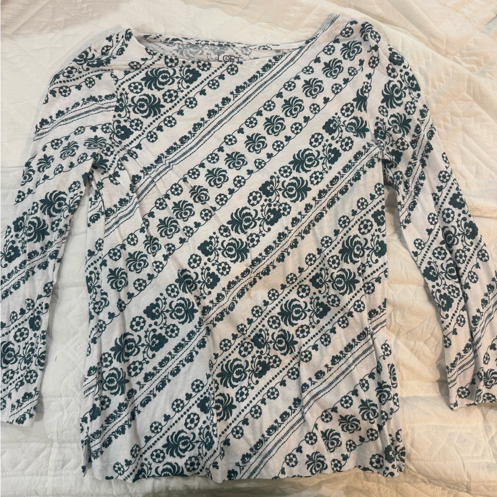 LOFT White Long-Sleeve Top with Dark Green Floral Stripe
